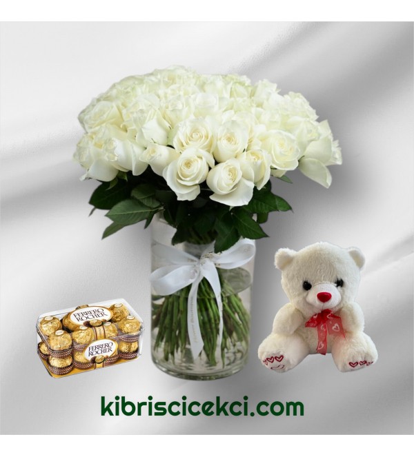 Vazoda 51 Beyaz Gül Ayıcık 16'lı Ferrero Çikolata